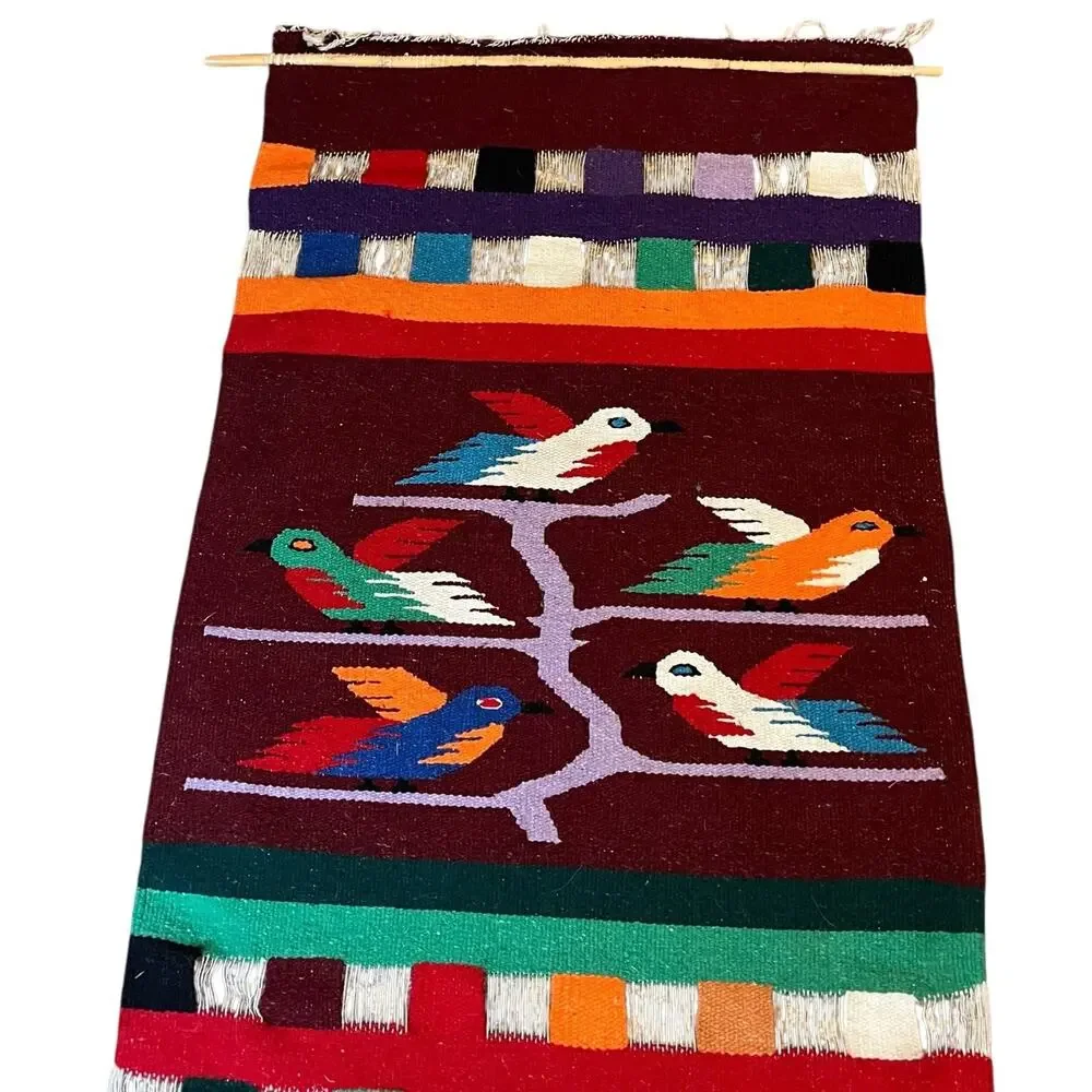 VINTAGE HANDWOVEN Wool Rug Wall Tapestry MEXICAN ZAPOTEC Tree Of Life 51” x 28”